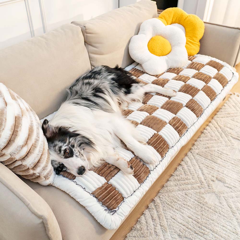 Cream Large Plaid Square Fuzzy Pet Dog Mat Bed - Comfortable Chenille Couch Cover for Home Decor