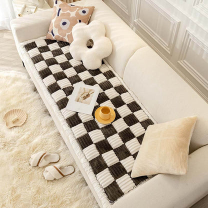 Cream Large Plaid Square Fuzzy Pet Dog Mat Bed - Comfortable Chenille Couch Cover for Home Decor