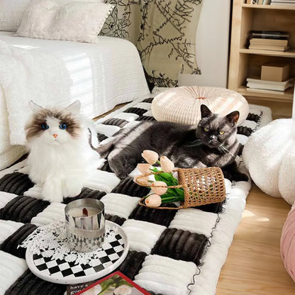 Cream Large Plaid Square Fuzzy Pet Dog Mat Bed - Comfortable Chenille Couch Cover for Home Decor