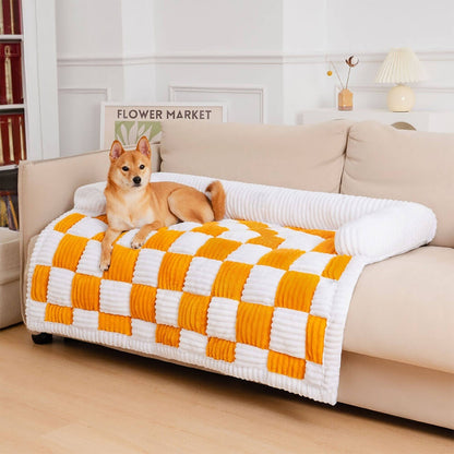 Cream Square Plaid Cozy Dog Mat - Stylish Furniture Protector Cover for Pets