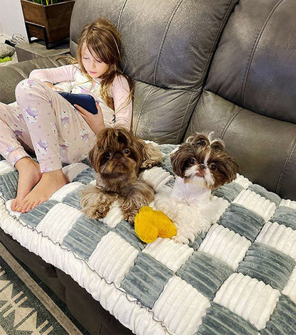 Cream Large Plaid Square Fuzzy Pet Dog Mat Bed - Comfortable Chenille Couch Cover for Home Decor