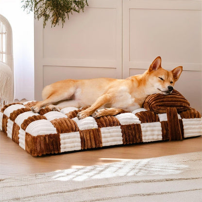 Cream Square Plaid Cozy Dog Mat - Stylish Furniture Protector Cover for Pets