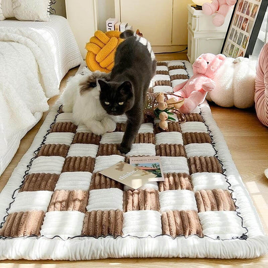 Cream Large Plaid Square Fuzzy Pet Dog Mat Bed - Comfortable Chenille Couch Cover for Home Decor