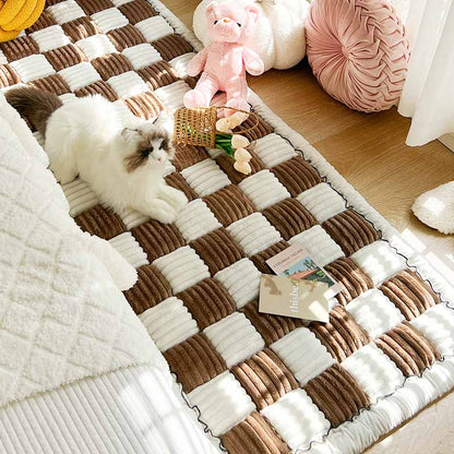 Cream Large Plaid Square Fuzzy Pet Dog Mat Bed - Comfortable Chenille Couch Cover for Home Decor