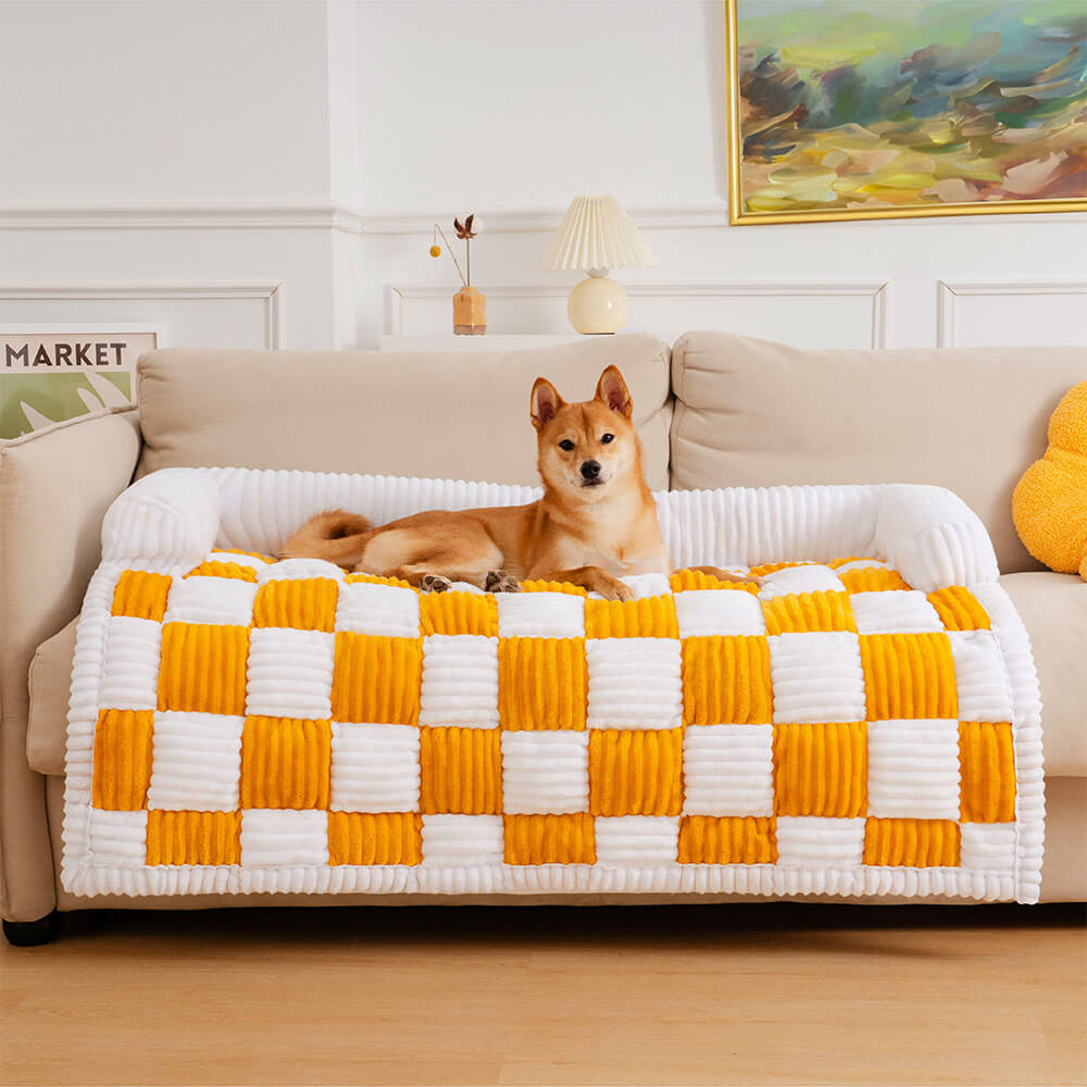 Cream Square Plaid Cozy Dog Mat - Stylish Furniture Protector Cover for Pets