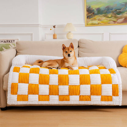 Cream Square Plaid Cozy Dog Mat - Stylish Furniture Protector Cover for Pets