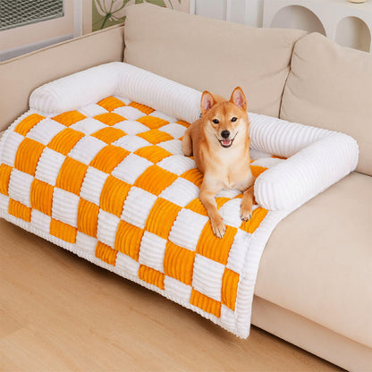 Cream Square Plaid Cozy Dog Mat - Stylish Furniture Protector Cover for Pets