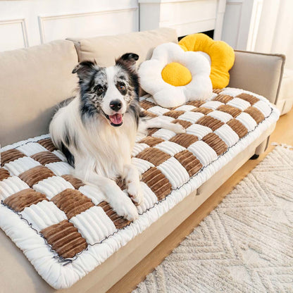 Cream Large Plaid Square Fuzzy Pet Dog Mat Bed - Comfortable Chenille Couch Cover for Home Decor