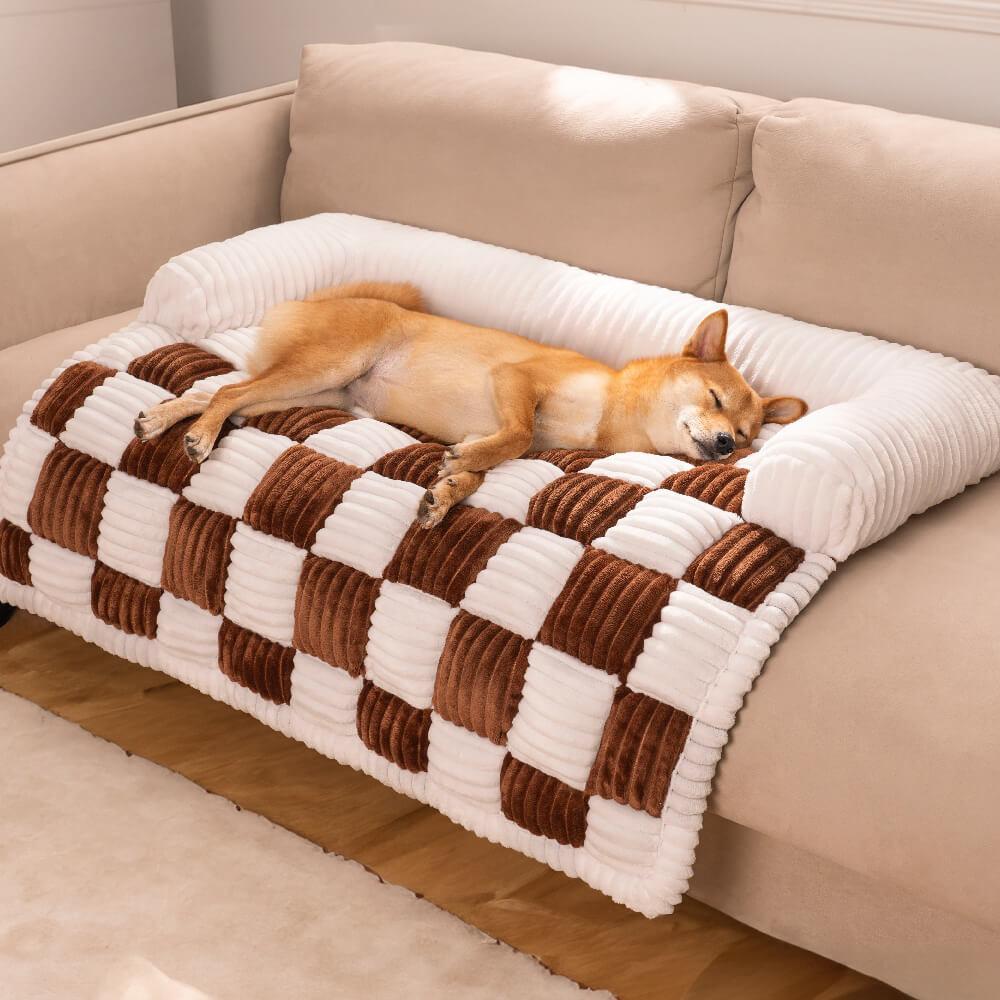 Cream Square Plaid Cozy Dog Mat - Stylish Furniture Protector Cover for Pets