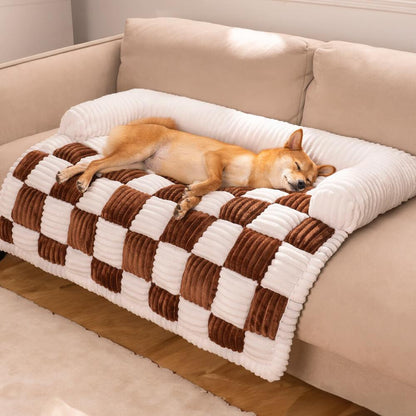 Cream Square Plaid Cozy Dog Mat - Stylish Furniture Protector Cover for Pets