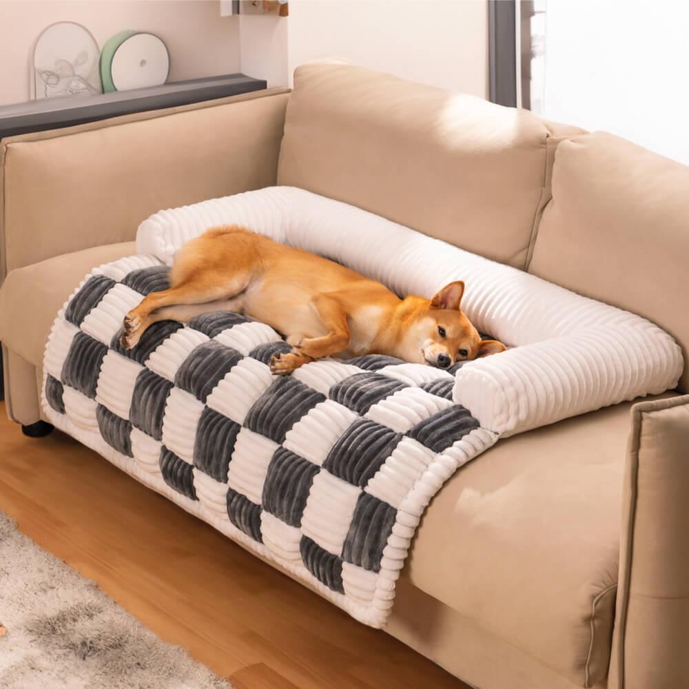 Cream Square Plaid Cozy Dog Mat - Stylish Furniture Protector Cover for Pets