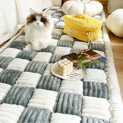 Cream Large Plaid Square Fuzzy Pet Dog Mat Bed - Comfortable Chenille Couch Cover for Home Decor