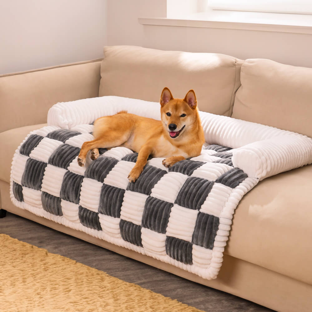 Cream Square Plaid Cozy Dog Mat - Stylish Furniture Protector Cover for Pets