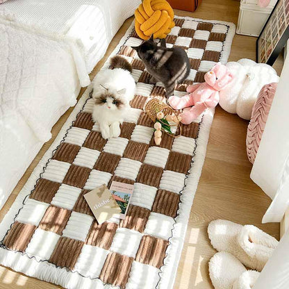 Cream Large Plaid Square Fuzzy Pet Dog Mat Bed - Comfortable Chenille Couch Cover for Home Decor