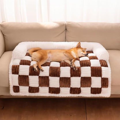 Cream Square Plaid Cozy Dog Mat - Stylish Furniture Protector Cover for Pets