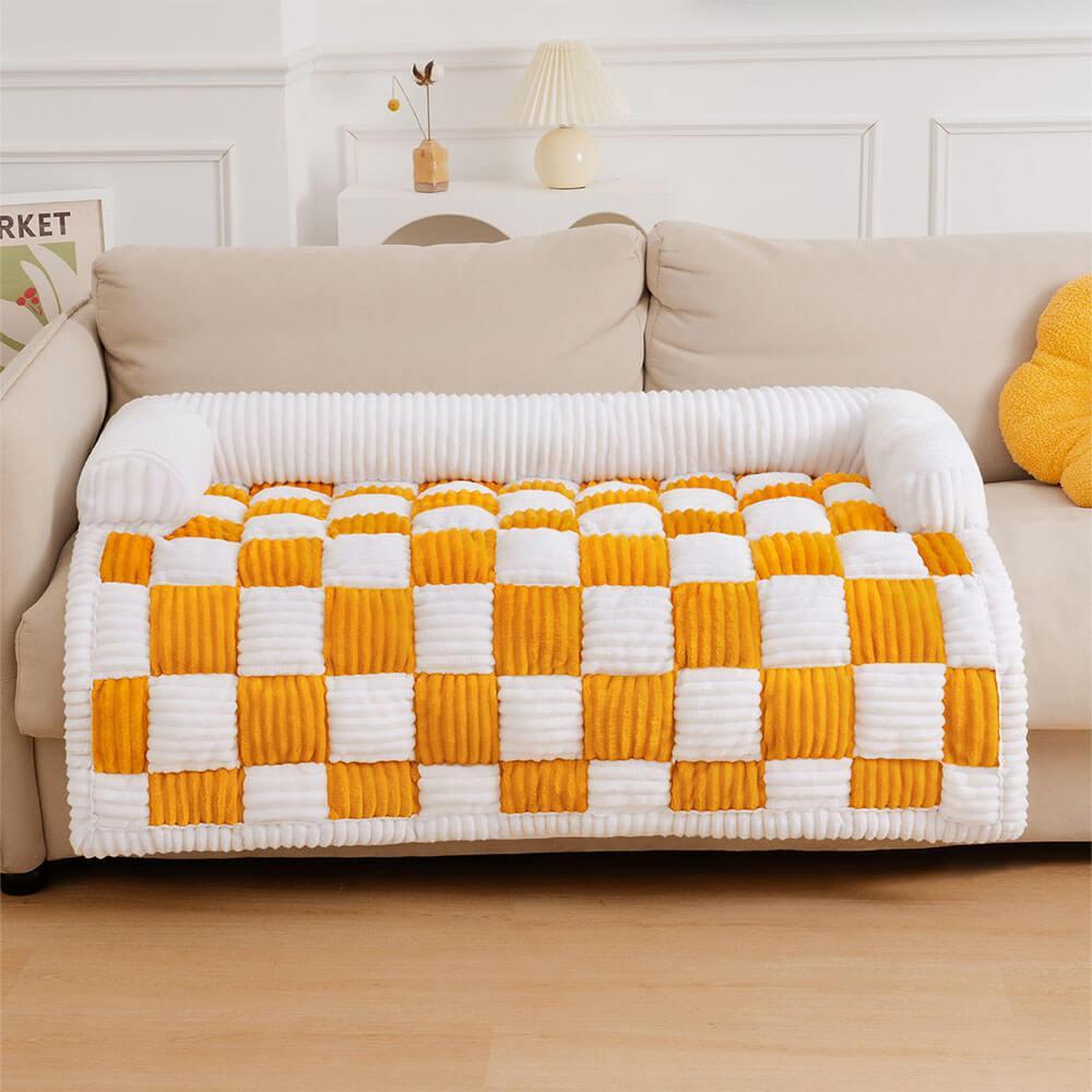 Cream Square Plaid Cozy Dog Mat - Stylish Furniture Protector Cover for Pets